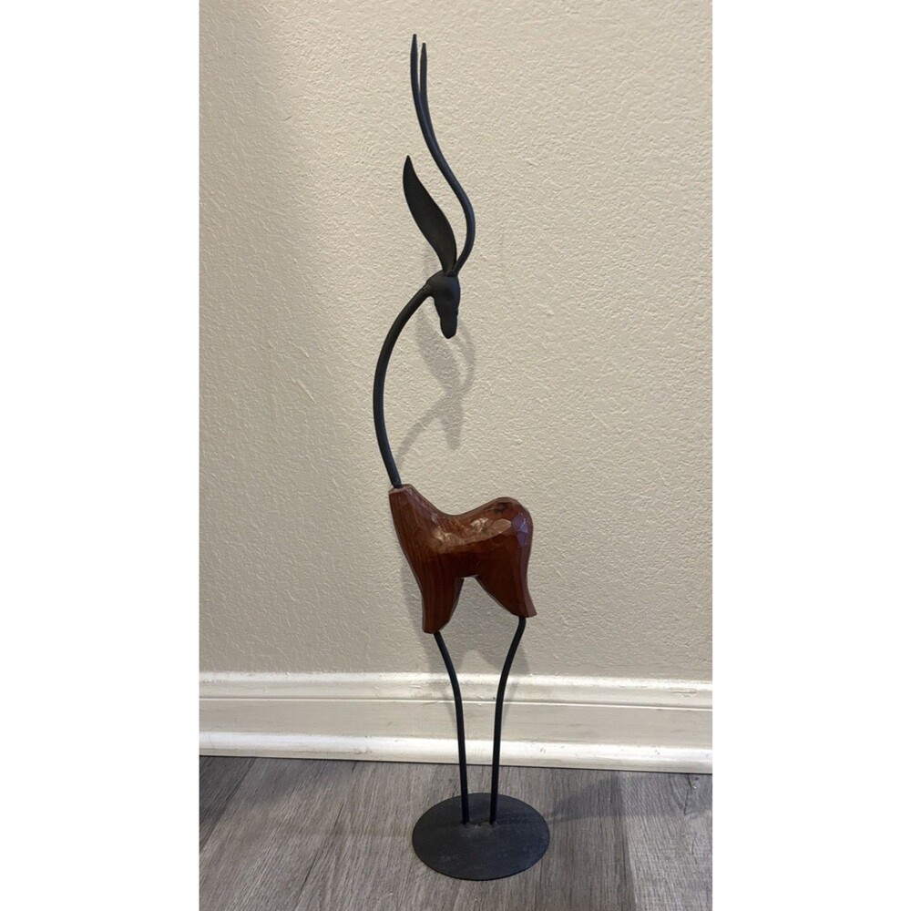 Vintage Handmade Art Deco Antelope Wood & Metal Sculpture 24.5”H 4.5”W